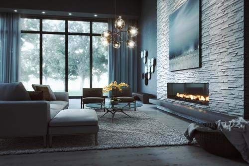 Living room and fireplace created using CGI.